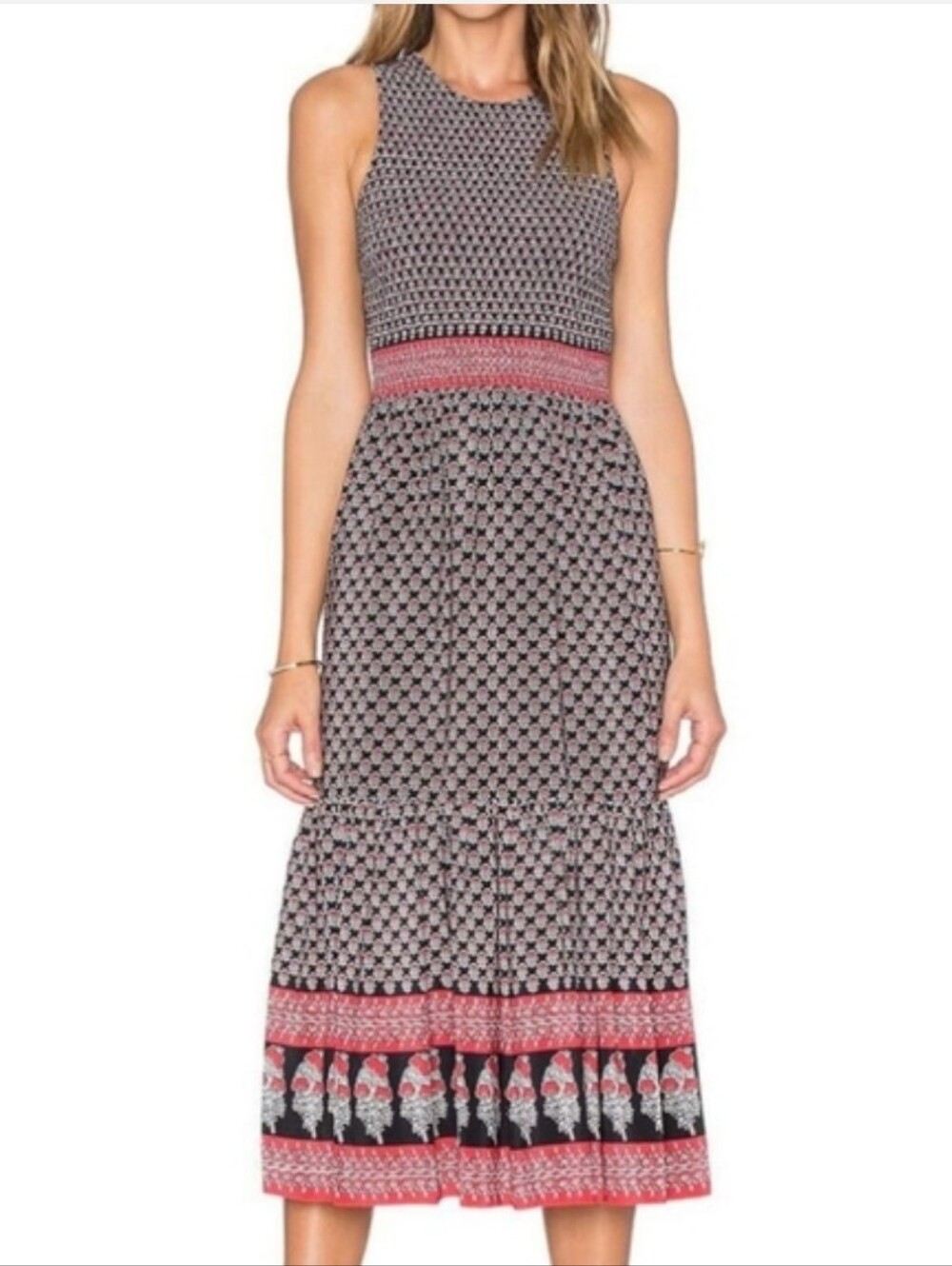 Ulla Johnson Oona Silk Sleeveless Midi Dress Dark Indian Floral Print Smocked